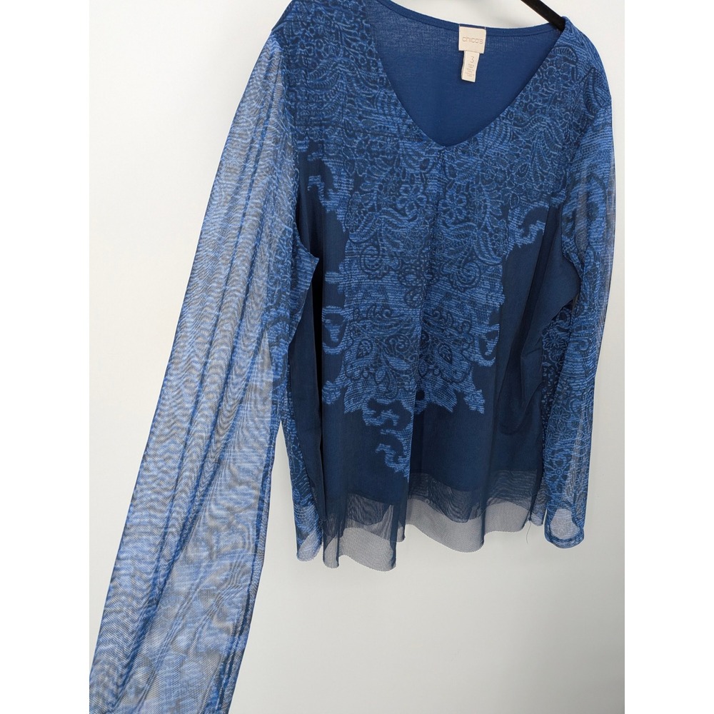 Chicos Top Women XL Blue Mesh Overlay V-Neck Long Sleeve Damask Print Blouse - Picture 2 of 7